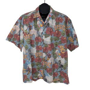 Vintage USC Team Trojan Hawaiian Button Up Shirt Men Size L Tropical Retro USA